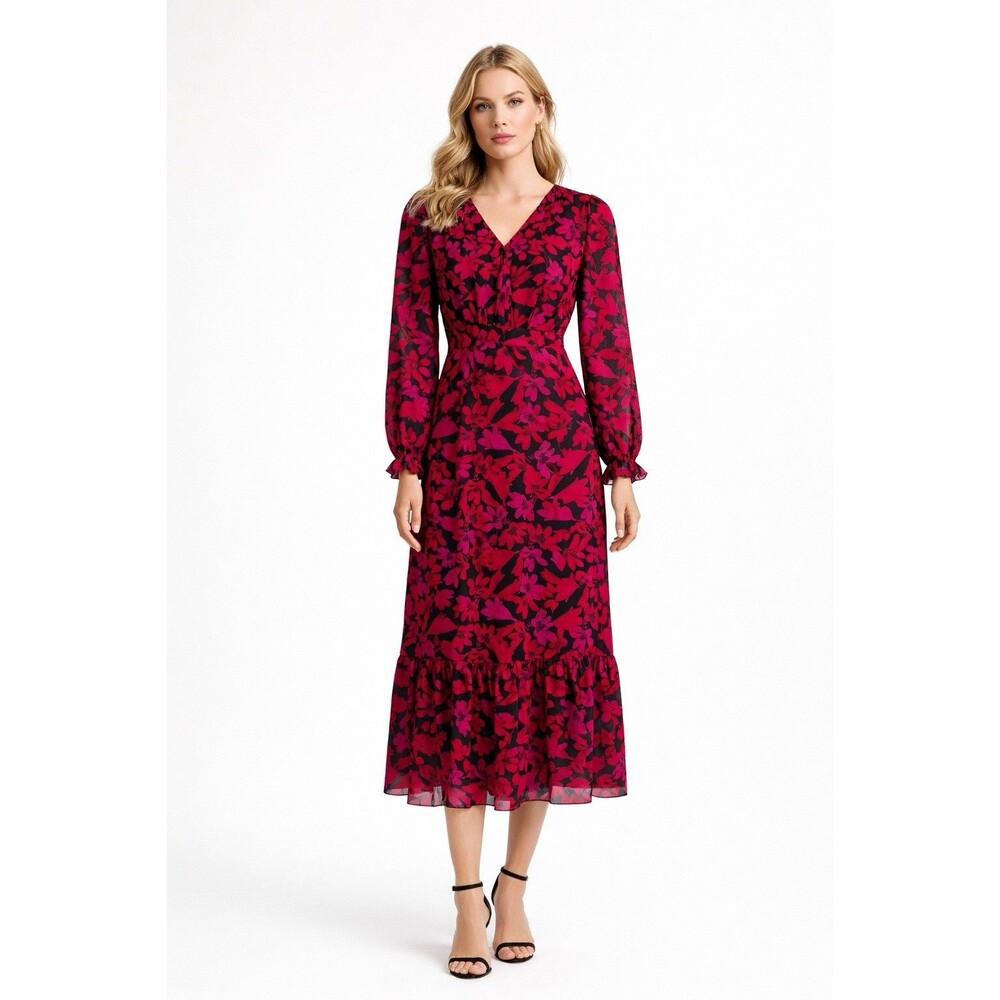 J Crew Tiered Ruffle Midi Dress Pink & Red Floral Chiffon Size 2